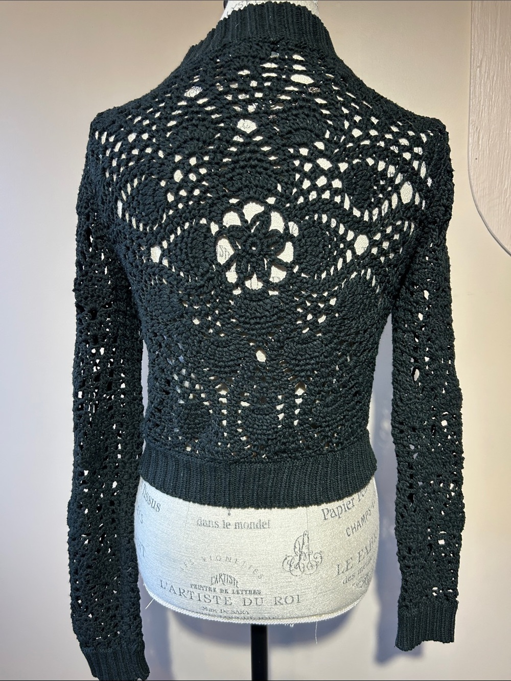 Crochet Cropped Cardigan Sweater, Black, size Medium